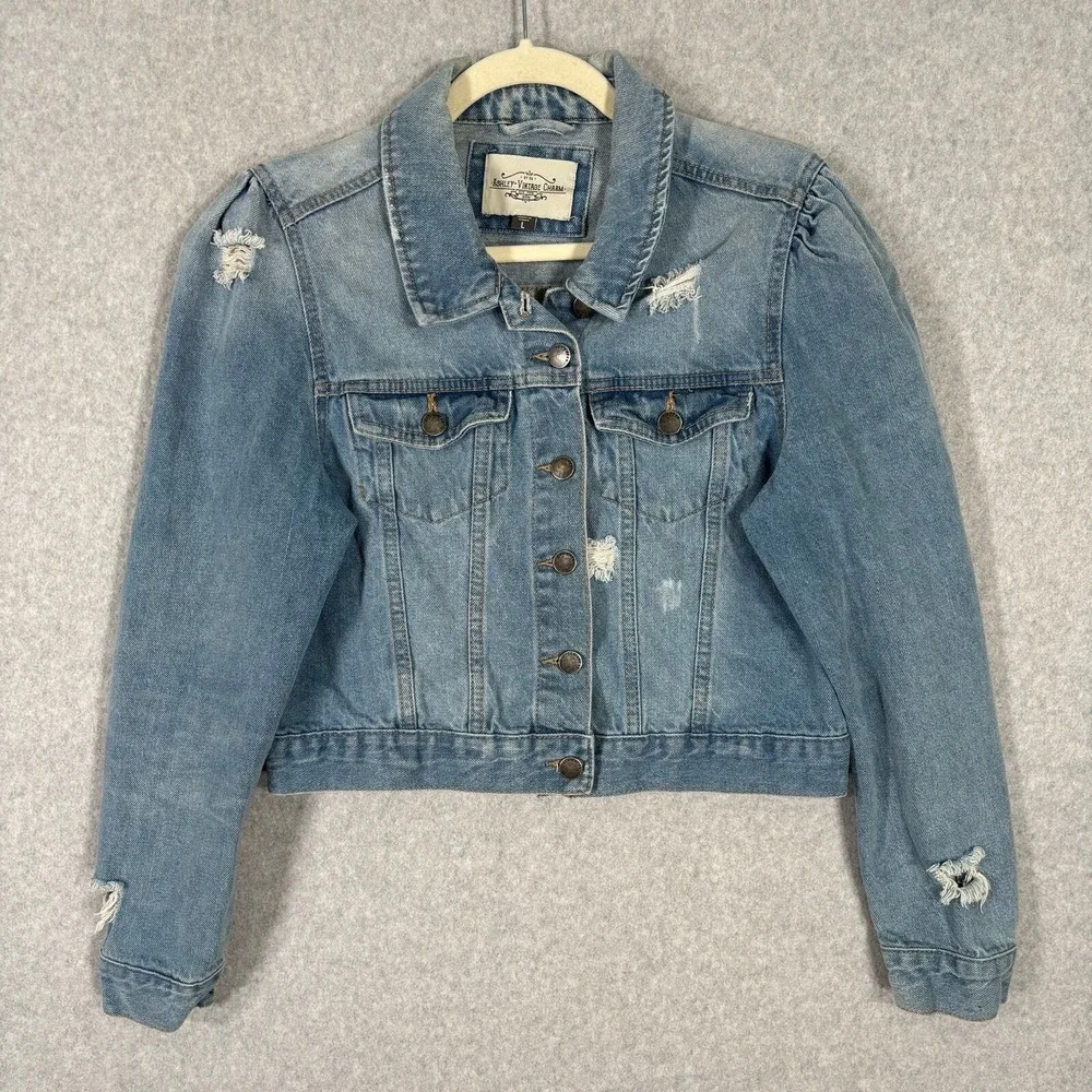 Ashley Vintage Charm Jean Jacket Large Distressed Puff Holes Girly Cute Feminine